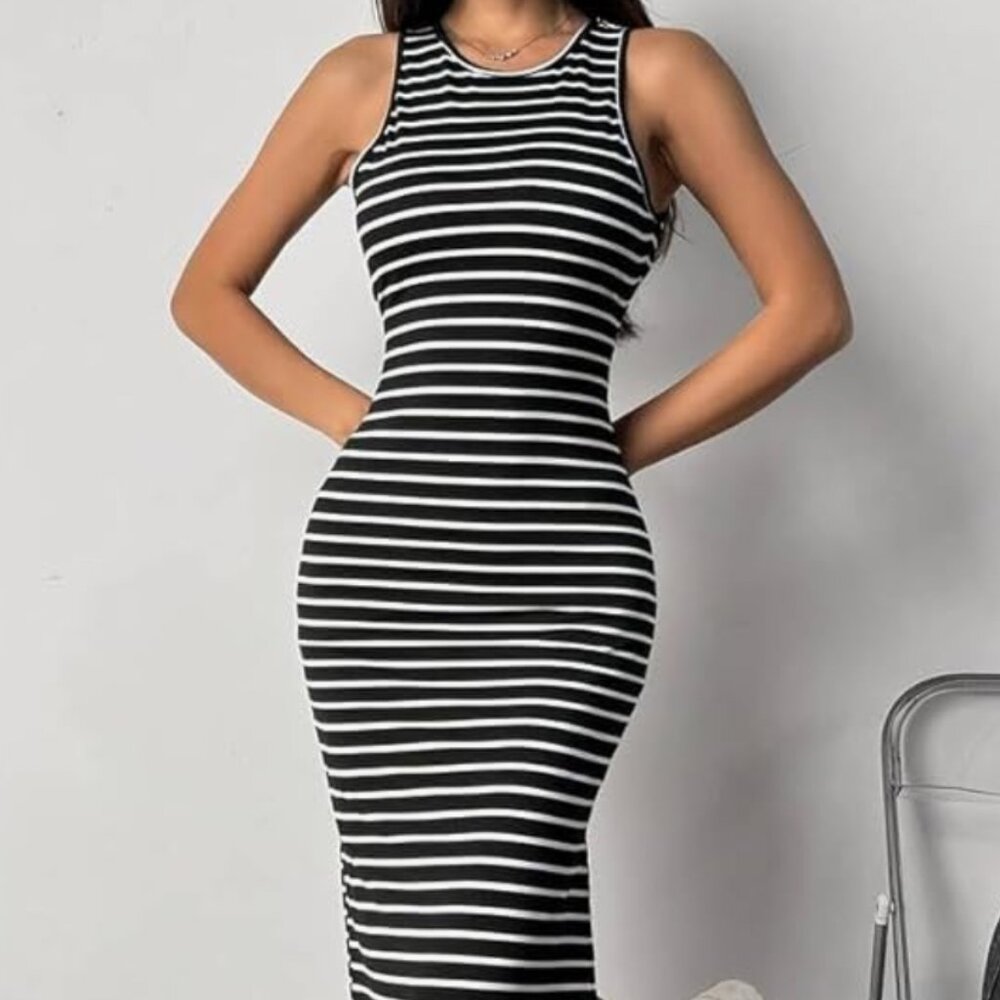 NEW Women's Sexy Bodycon Striped Dress Long Backless Tank Slit Dresses